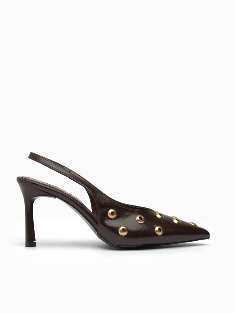 Aurelia Slingback Heels: Glossy Leather, Gold Grommet Detail, Pointed Toe 85mm H
